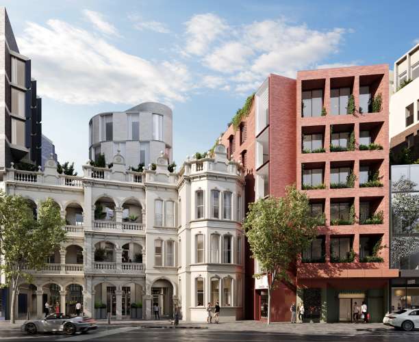 A row of restored heritage buildings with modern architectural additions