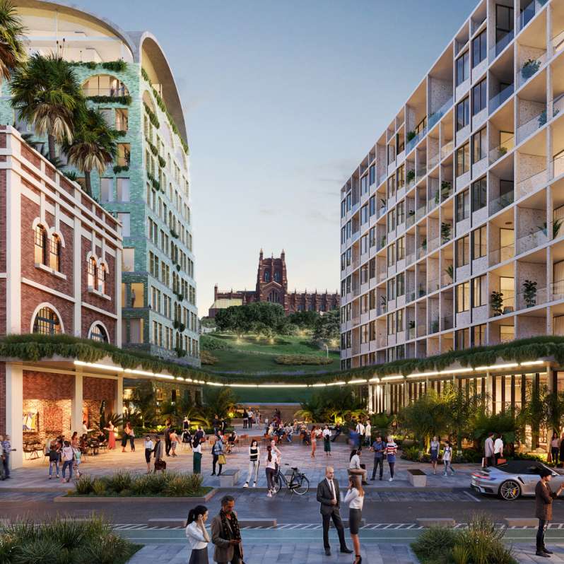 The new plaza at Civic, Bluebell and Gibbs & Moore at dusk, with view of Christ Church Cathedral