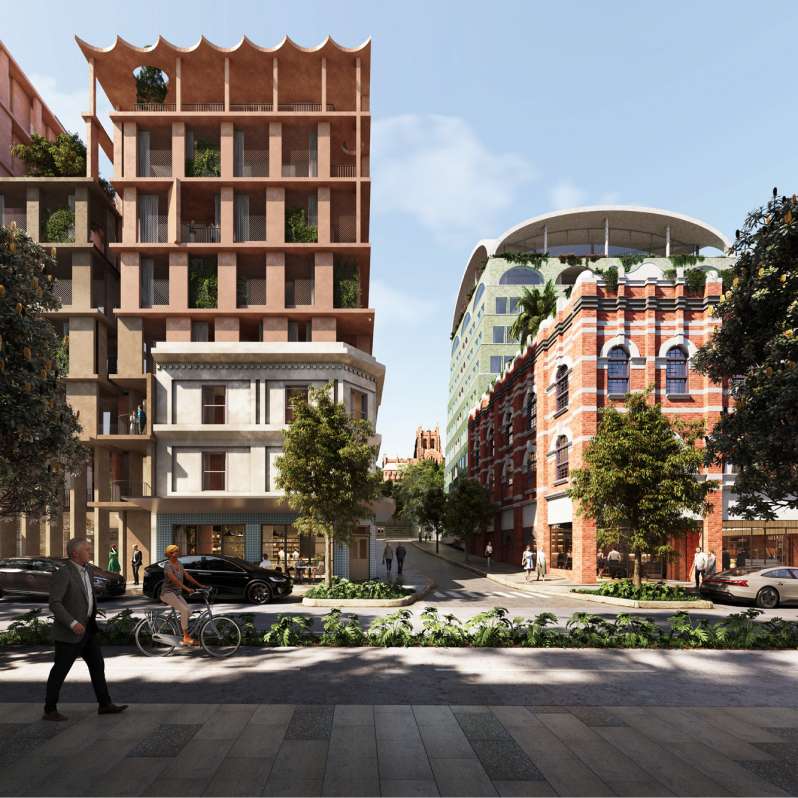 A bustling Hunter Street looking to Christ Church Cathedral through three new East End apartment buildings: Portline, Bluebell and Civic