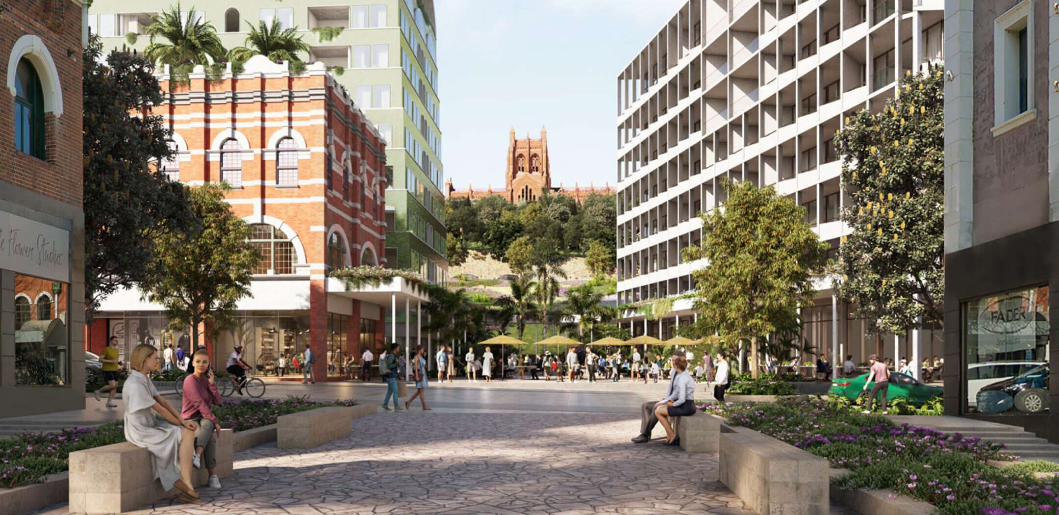 The new town square and view corridor in Newcastle CBD, made of three new East End apartment buildings: Civic, Bluebell and Gibbs & Moore
