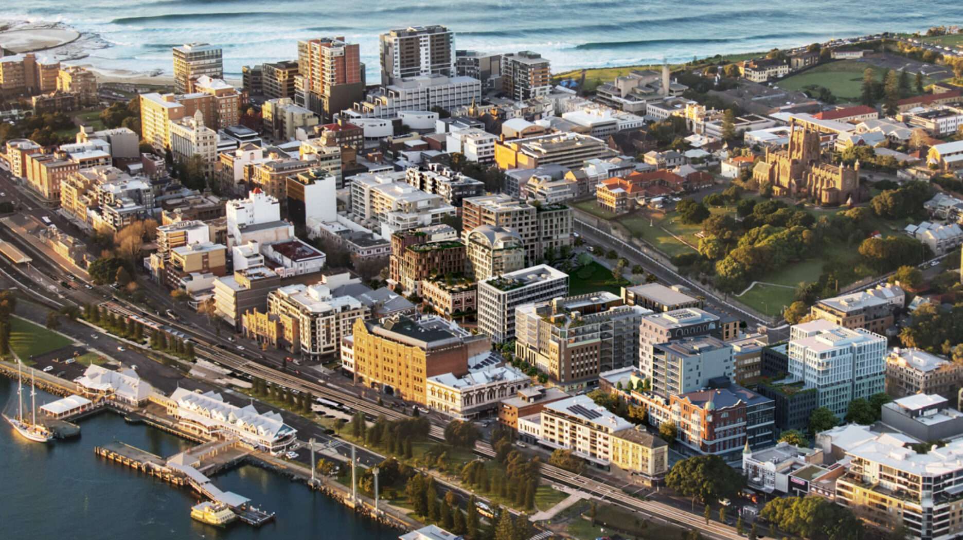 Aerial view of Newcastle CBD looking towards the coastline, with East End in the city heart