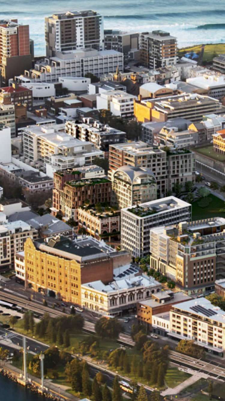Aerial view of Newcastle CBD looking towards the coastline, with East End in the city heart