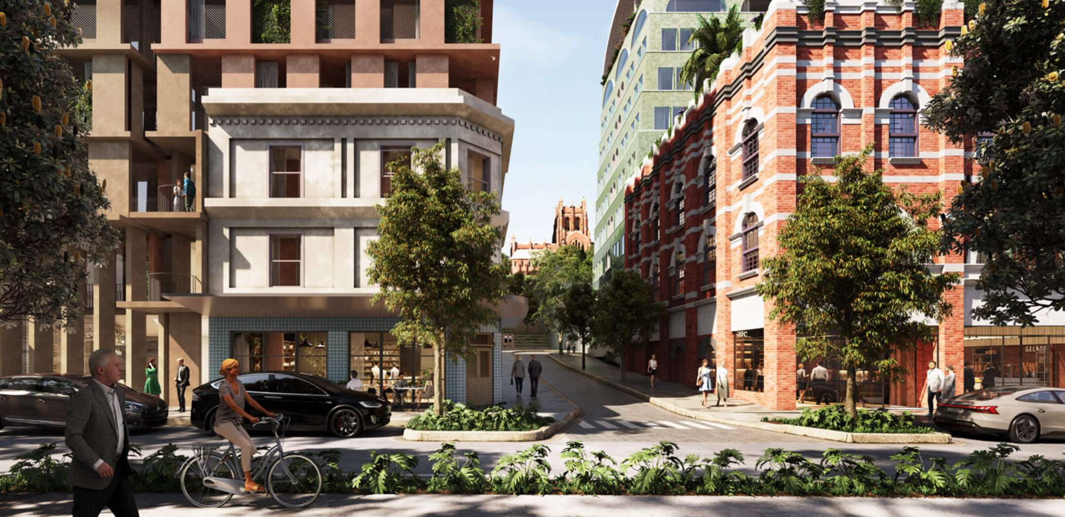A bustling Hunter Street looking to Christ Church Cathedral through three new East End apartment buildings: Portline, Bluebell and Civic