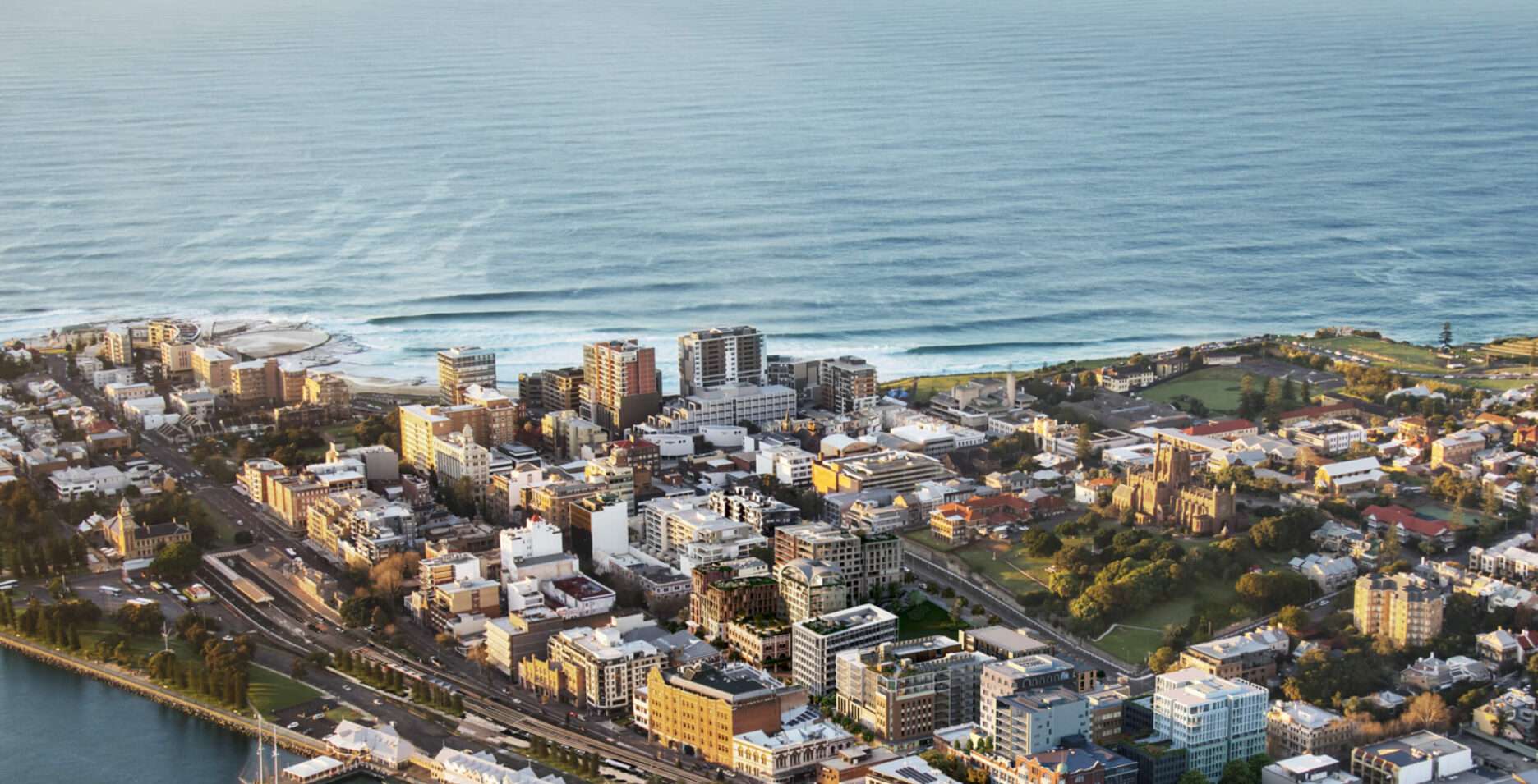 Aerial view of Newcastle CBD looking towards the coastline, with East End in the city heart